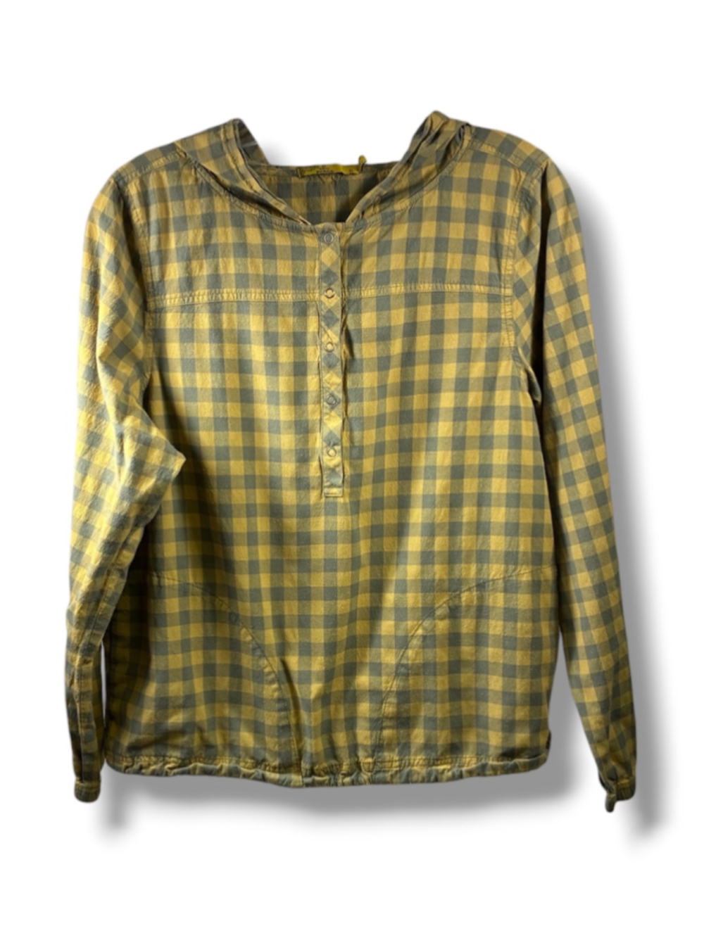 prAna Hooded Pullover Sweatshirt in Yellow Grey Plaid Size S